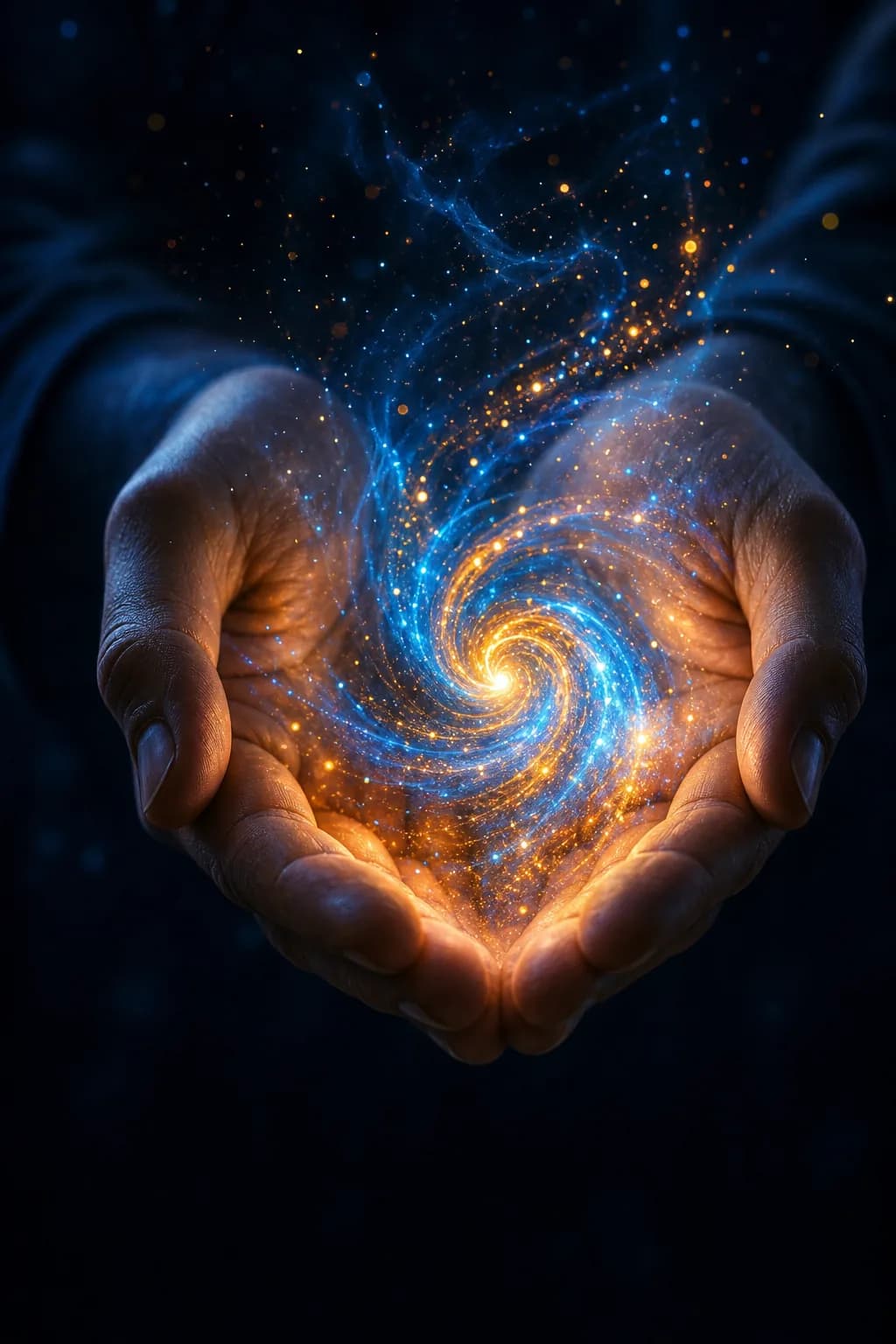 双手捧着旋转的生成式光粒漩涡，魔幻现实，深夜蓝。